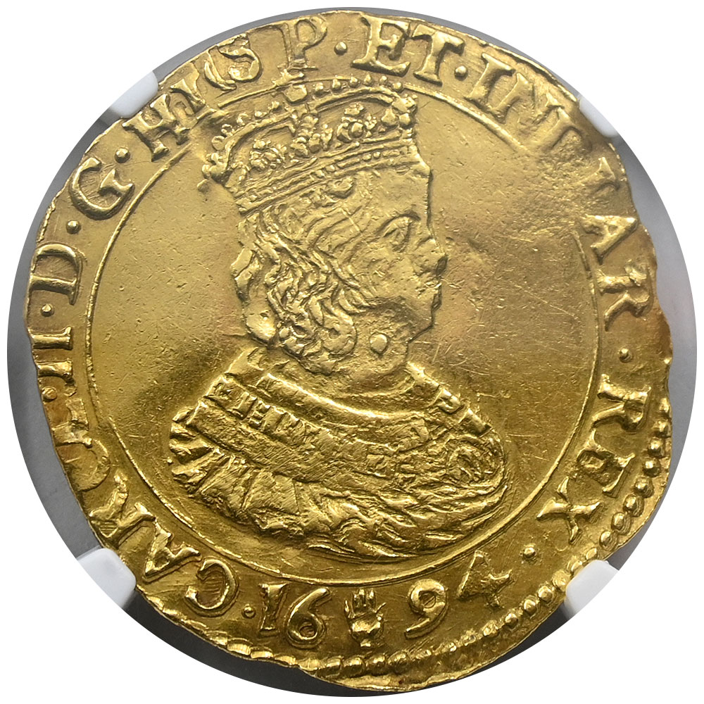スペイン領オランダ 1694 カルロス2世 2ソブリンドール 金貨 NGC AU55 ブラバント公国/アントワープ 5778831004