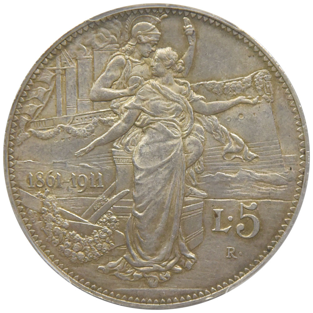 イタリア 1911-R ヴィットリオ・エマニュエーレ3世 5リレ 銀貨 PCGS AU58 王国50周年記念 40991635