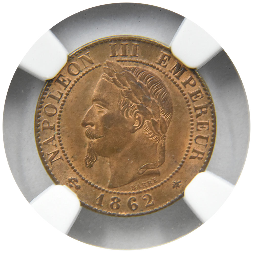 フランス 1862A ナポレオン3世 10サンチーム 銅貨 NGC MS64RB 月桂冠像 6761452038