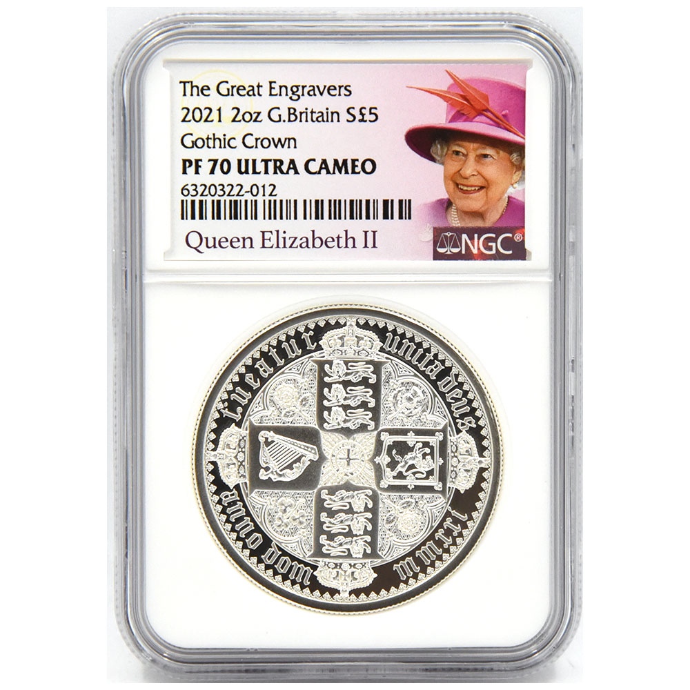 イギリス 2021 エリザベス2世 5ポンド 2オンス 銀貨 NGC PF 70 ULTRA CAMEO ゴチッククラウン リバースシールド  6320322012