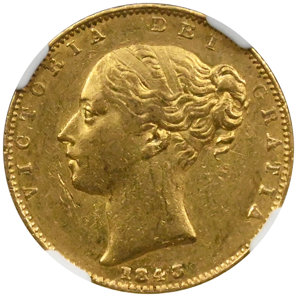 イギリス 1843 ヴィクトリア 1ソブリン 金貨 NGC AU55 盾 6055708020