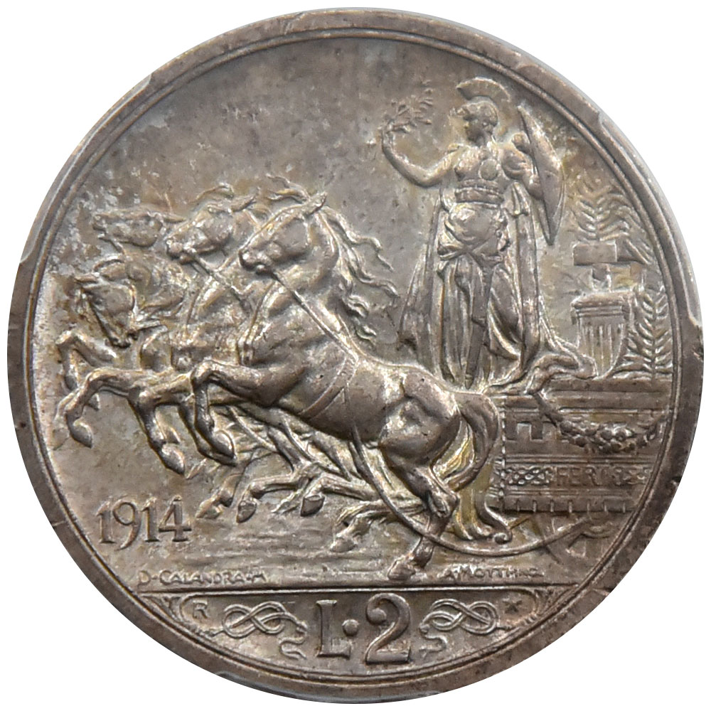 イタリア 1914-R エマヌエーレ3世 2リラ 銀貨 PCGS MS 64 クァドリガ