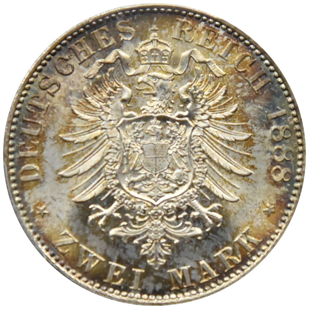 ドイツ 1888-A フリードリヒ3世 2マルク 銀貨 PCGS MS 65 33356008