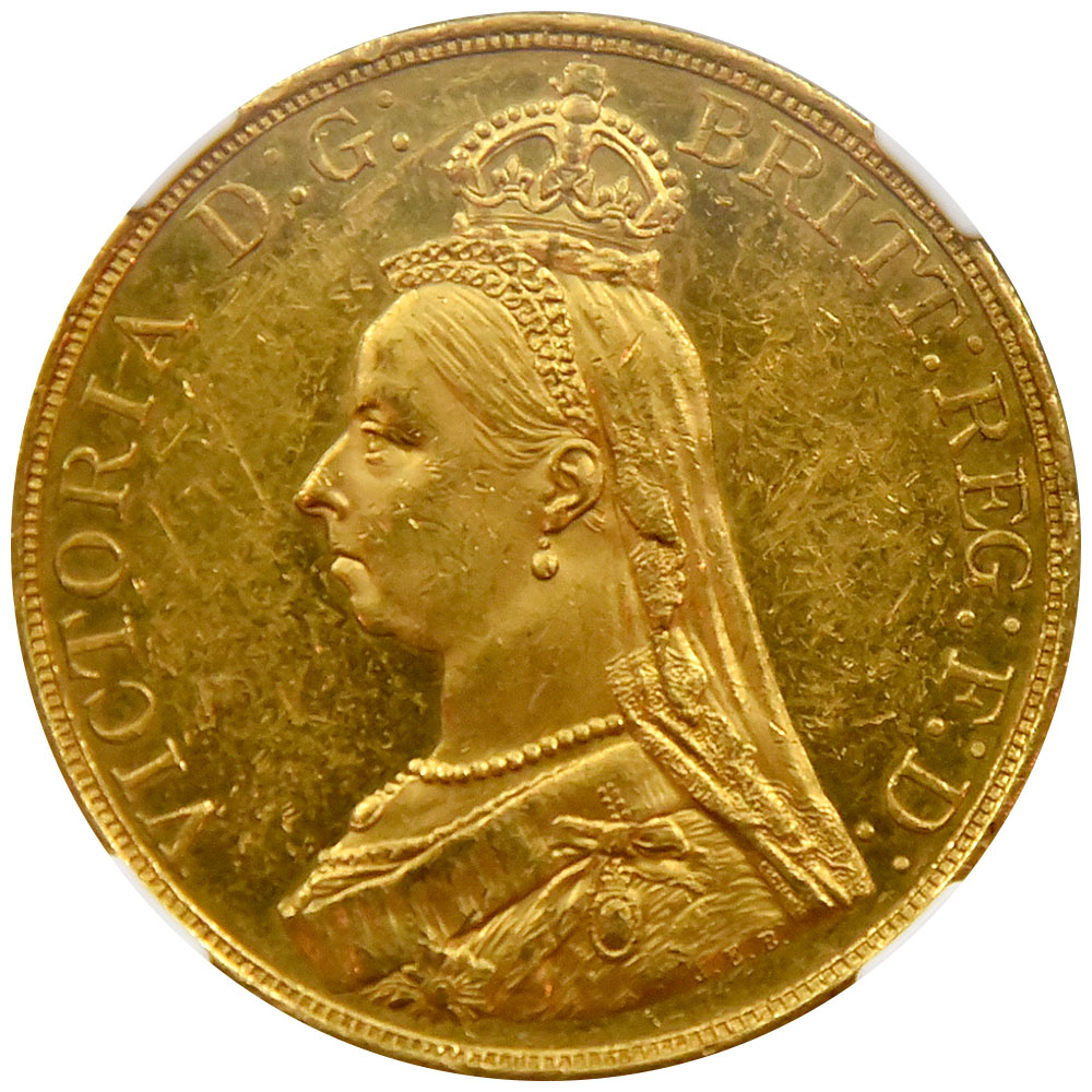 イギリス 1887  ヴィクトリア女王 5ソブリン 金貨 NGC MS 60 聖ジョージの龍退治 6019054070