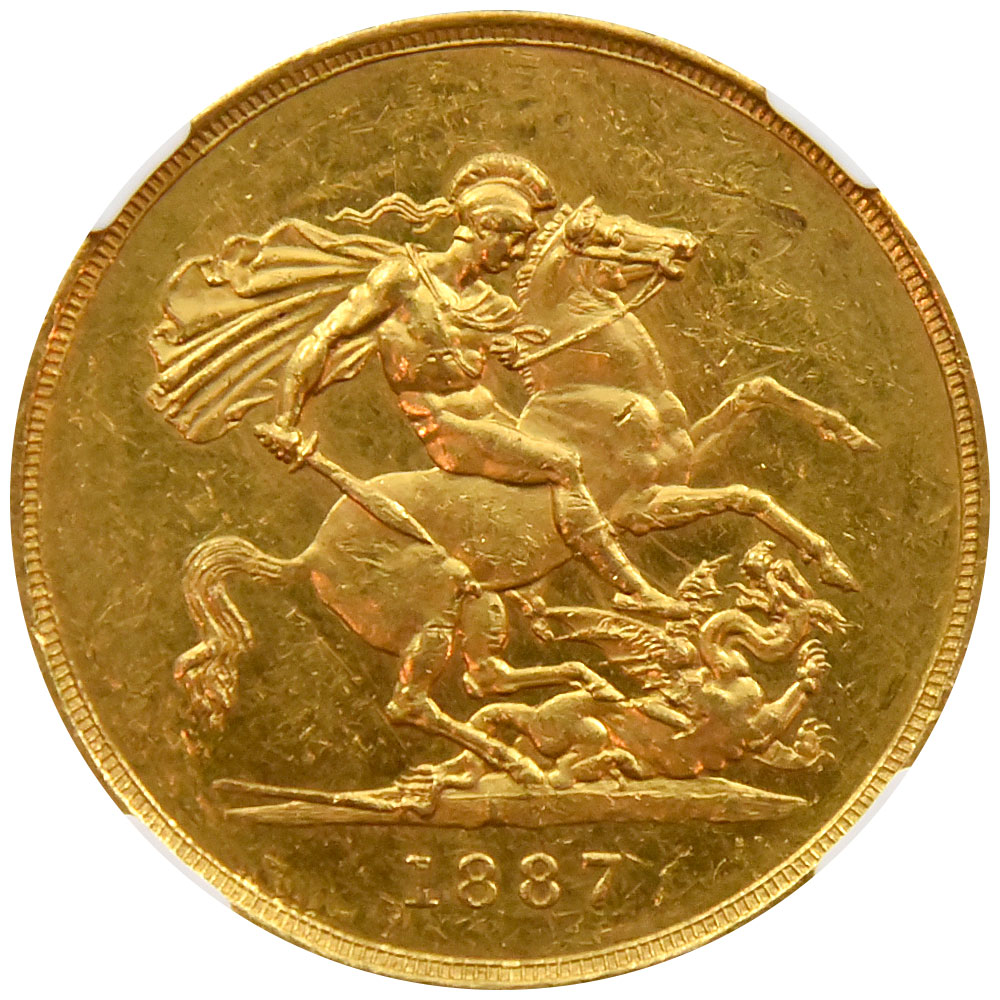 イギリス 1887 ヴィクトリア女王 5ソブリン 金貨 NGC MS 60 聖ジョージ 