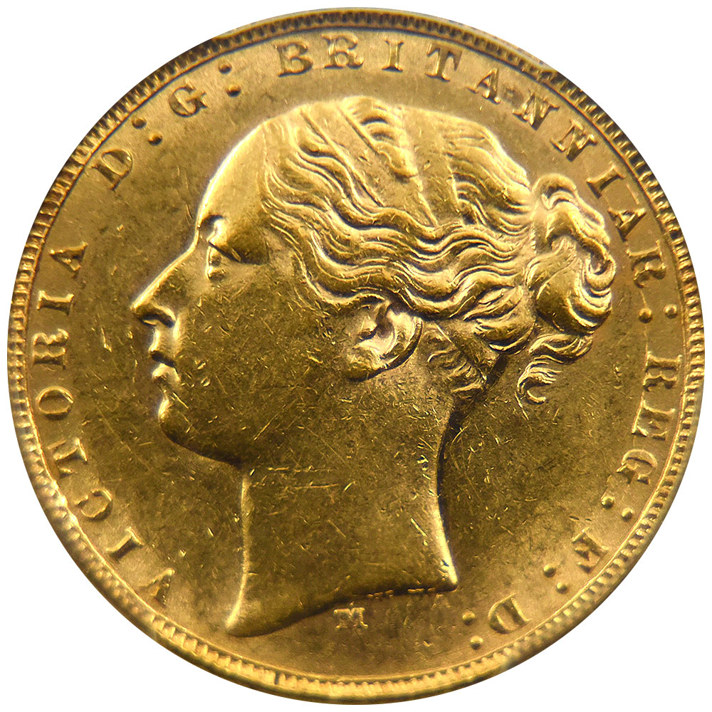オーストラリア 1874-M  ヴィクトリア女王 1ソブリン 金貨 PCGS AU 58 聖ジョージの龍退治 81822134