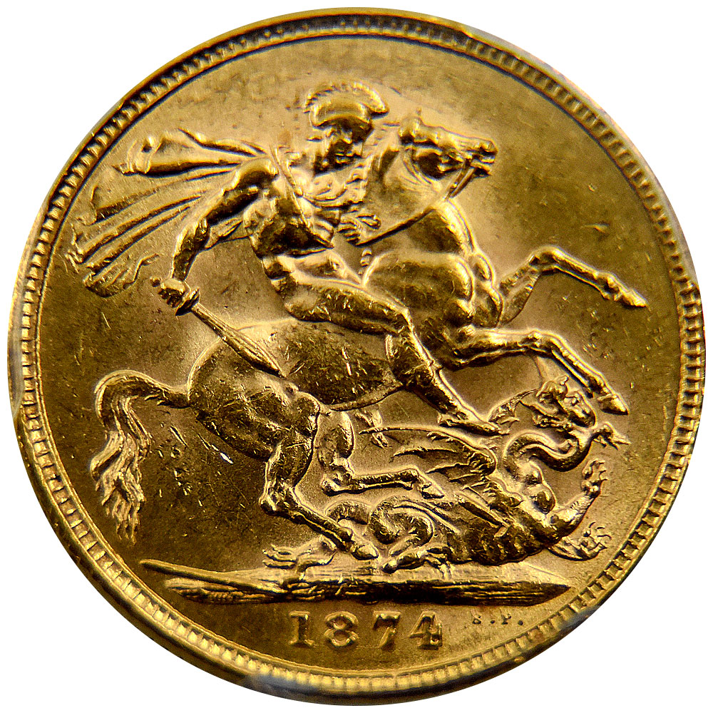 オーストラリア 1874-M ヴィクトリア女王 1ソブリン 金貨 PCGS AU 58 