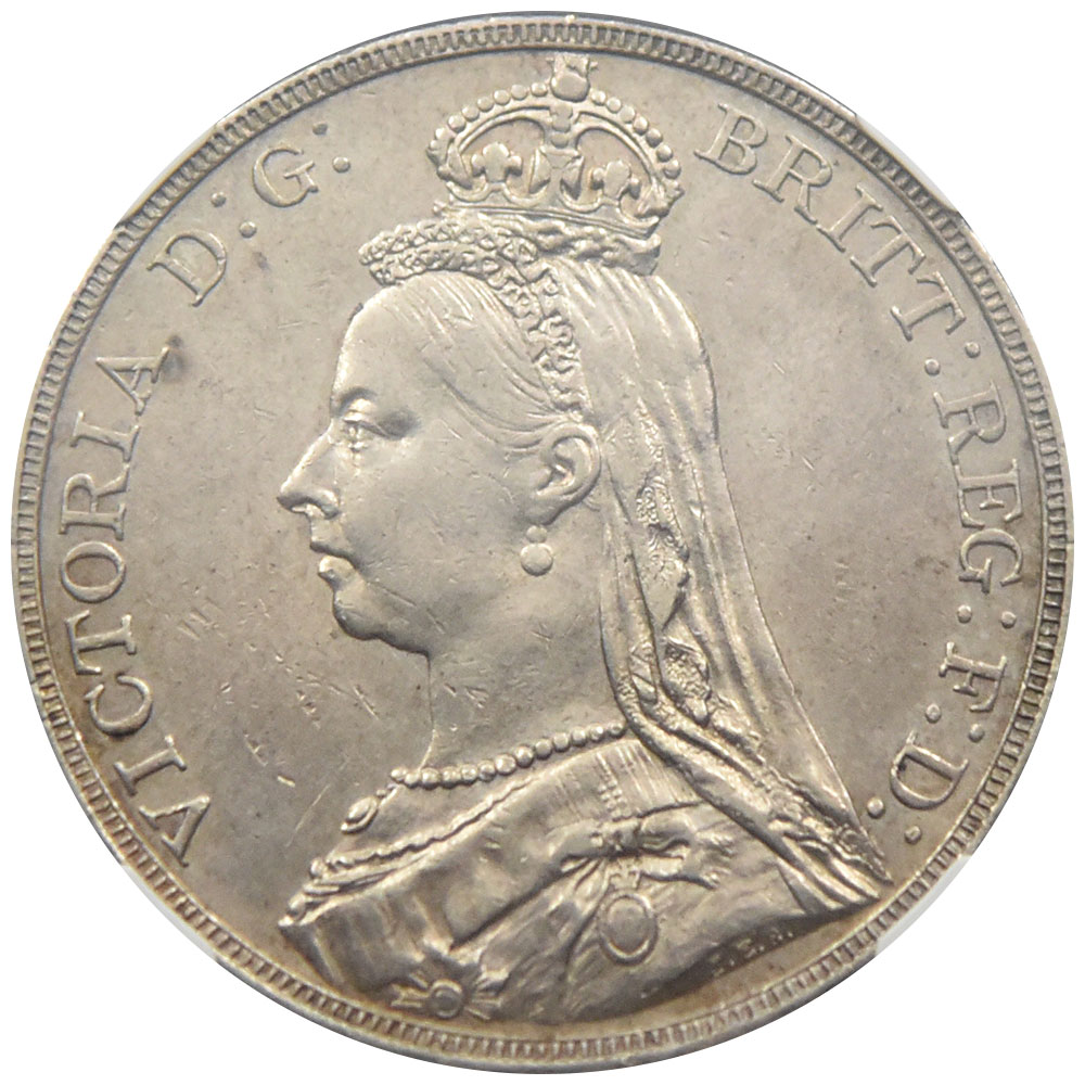 イギリス 1890 ヴィクトリア女王 クラウン 銀貨 NGC AU53 聖ジョージの