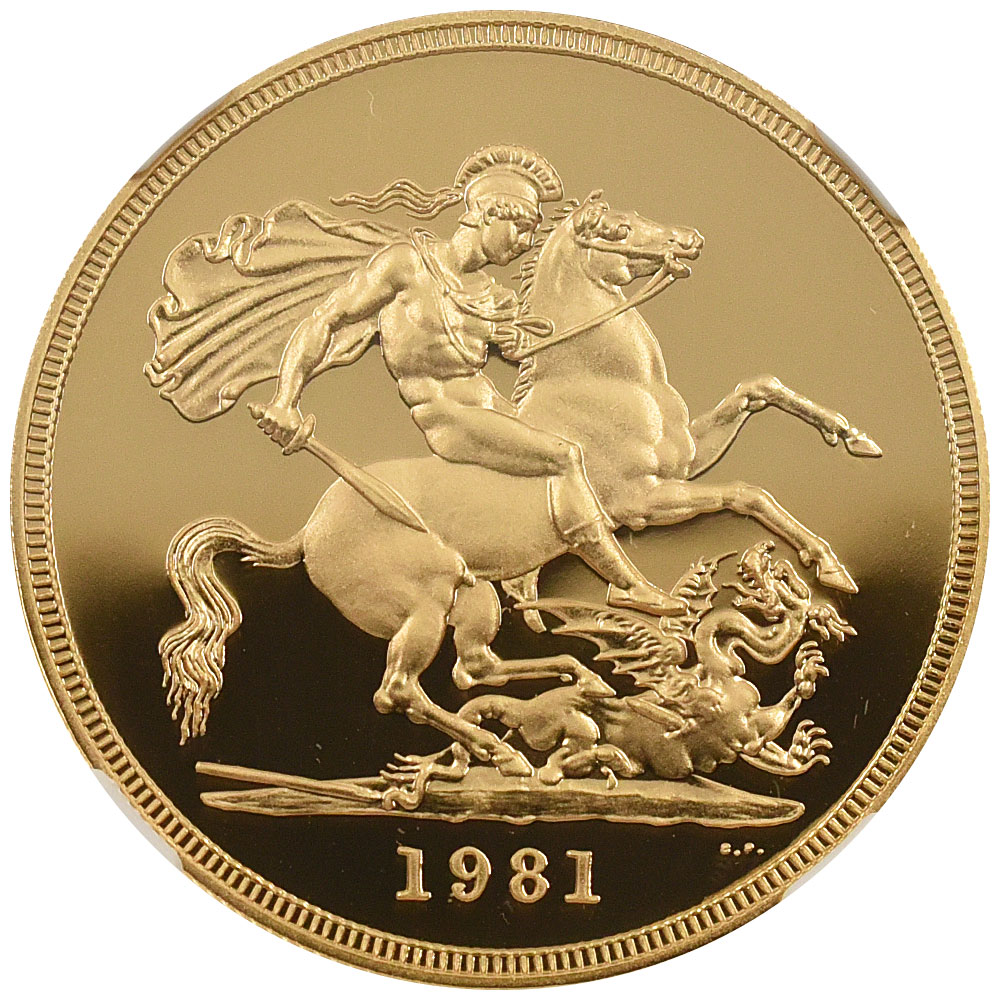 イギリス 1981 エリザベス2世 5ソブリン 金貨 NGC PF69UC 聖