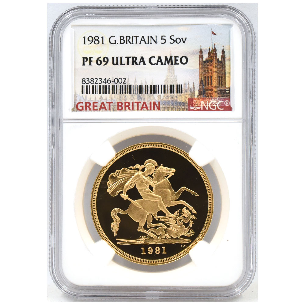 イギリス 1981 エリザベス2世 5ソブリン 金貨 NGC PF69UC 聖