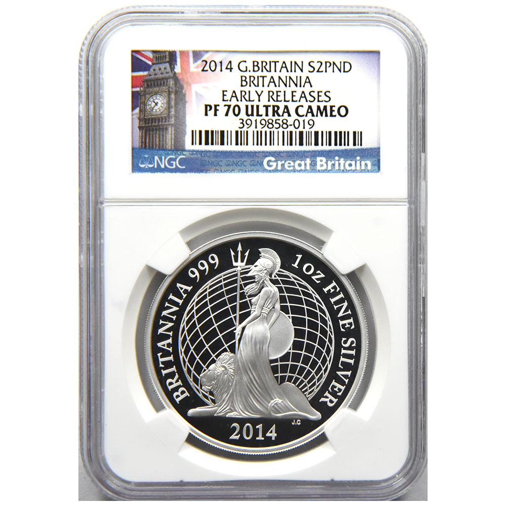 イギリス 2014 エリザベス２世 2ポンド1オンス 銀貨 NGC PF 70 ULTRA 