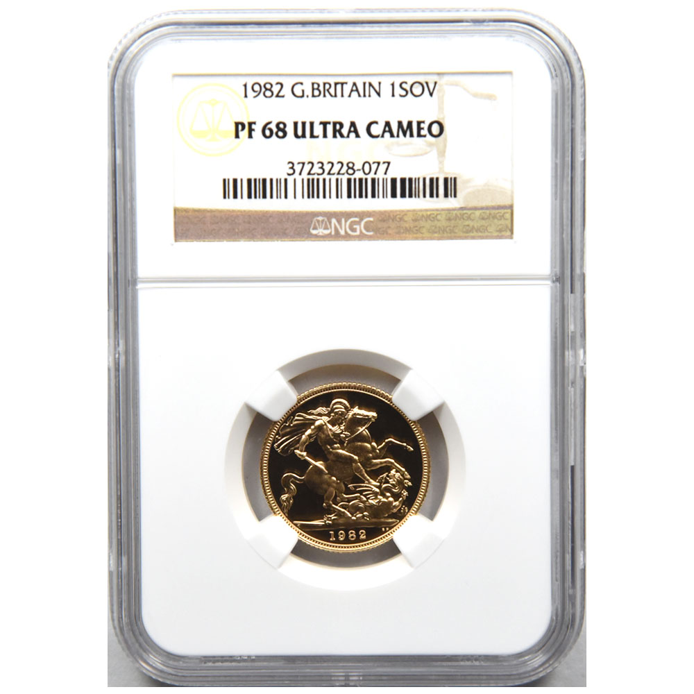 イギリス 1982 エリザベス2世 1ソブリン 金貨 NGC PF 68 ULTRA CAMEO ヤングエリザベス 聖ジョージ竜退治  3723228077