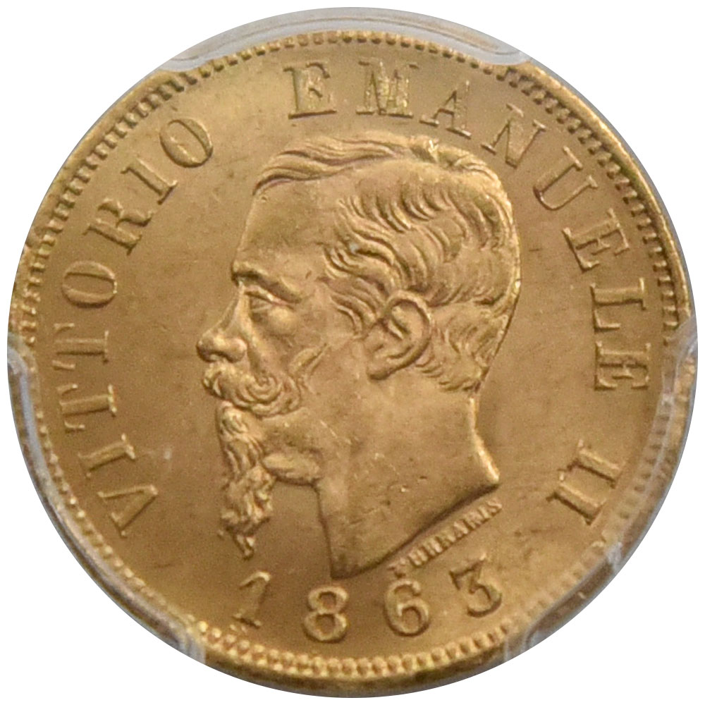 イタリア 1863-T BN 10リラ 金貨 PCGS MS 64+ ヴィットリオ・エマニエーレ2世 33125079