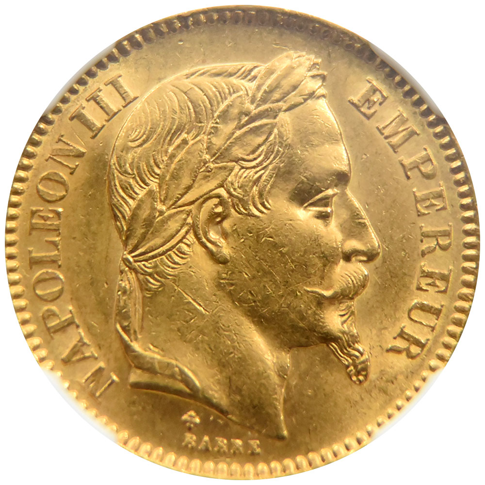 フランス 1865BB 20フラン 金貨 NGC ＭＳ62 3941393018