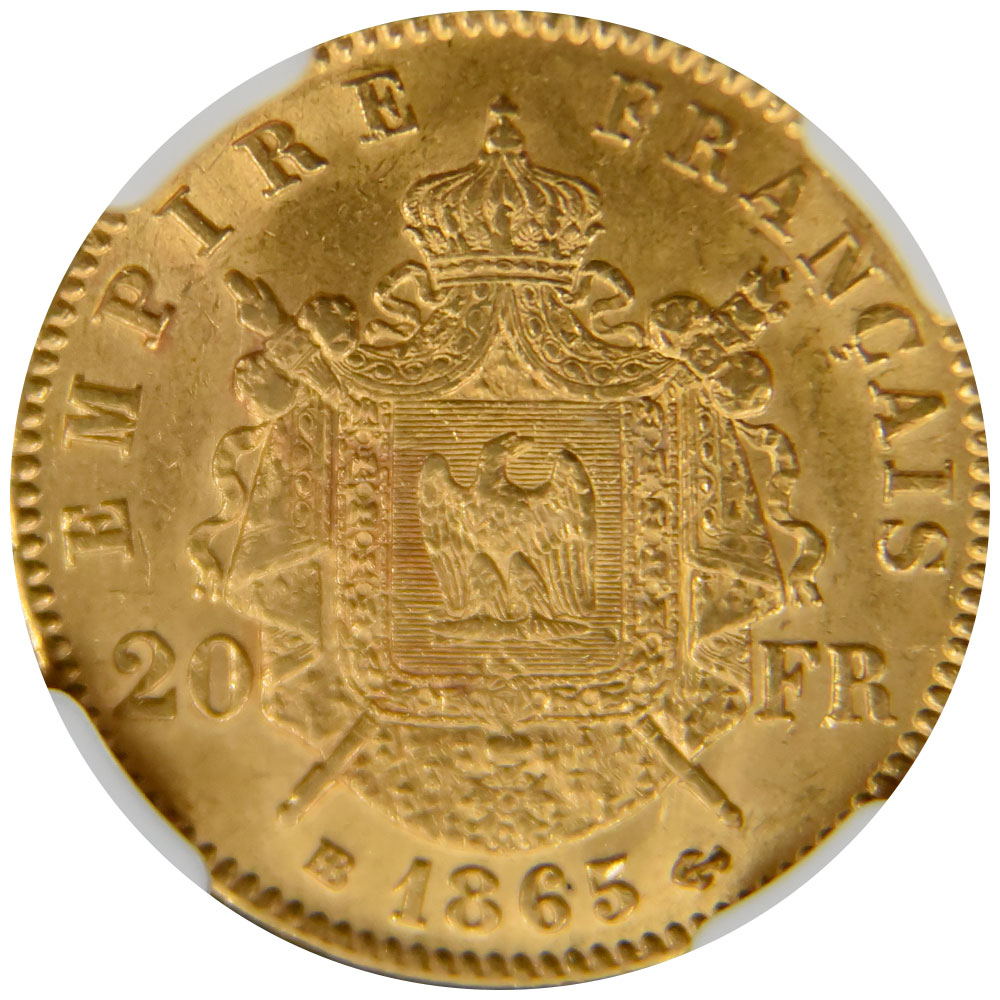 フランス 1865BB 20フラン 金貨 NGC MS62 3941393018