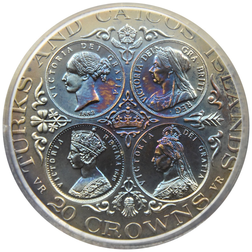 タークス・カイコス諸島 1976 エリザベス2世 20クラウン 銀貨 PCGS MS62 ヴィクトリア4つの肖像 35902581