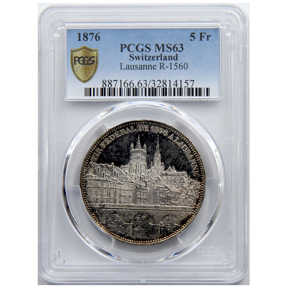 スイス 1876 5フラン 銀貨 PCGS MS63 射撃祭 ローザンヌ R-1560 32814157