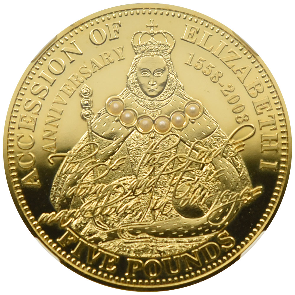 トリスタン・ダ・クーニャ島 2008 エリザベス1世 5ポンド 金メッキ銀貨 