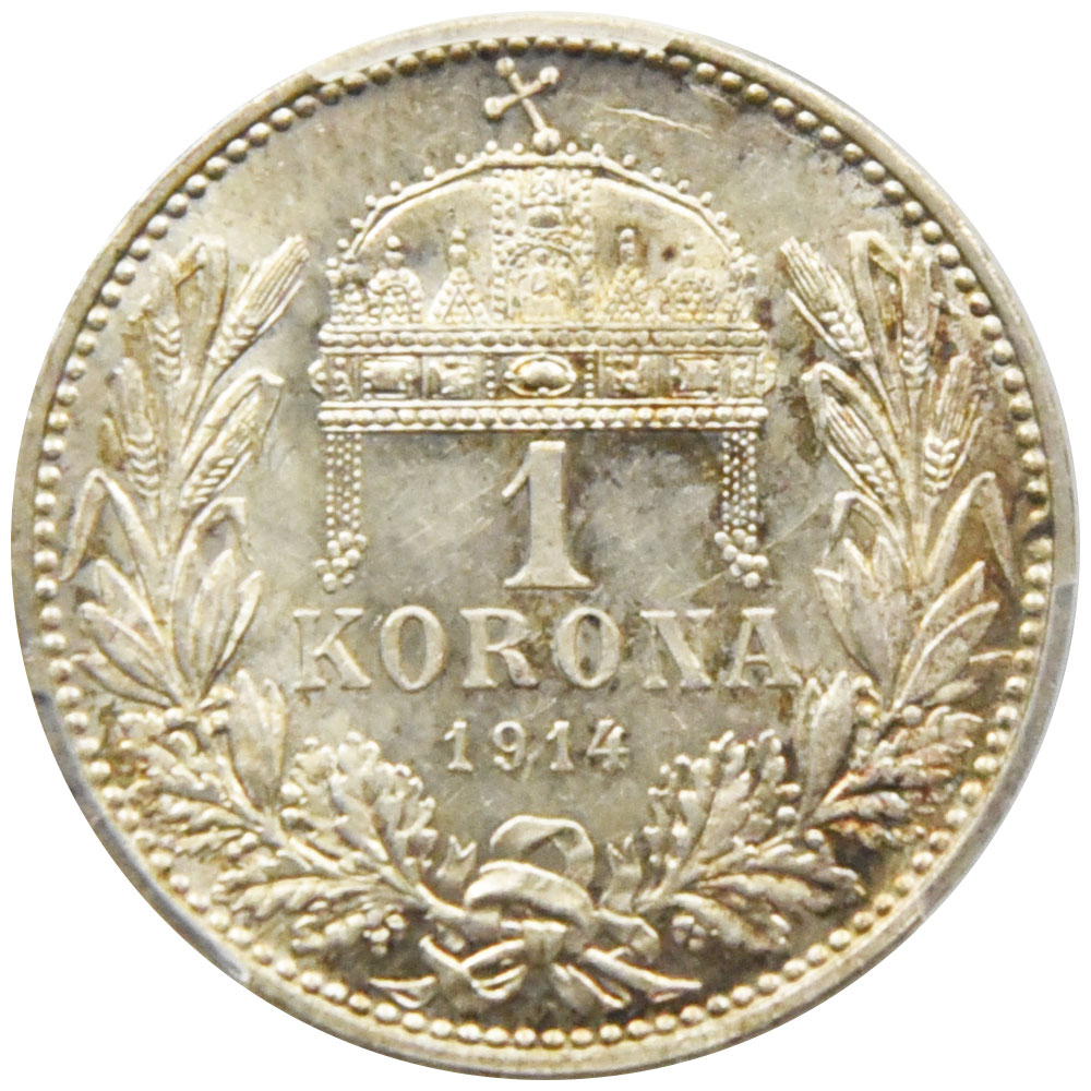 ハンガリー 1914-KB フランツ・ヨーゼフ一世 1コロナ 銀貨 PCGS MS62